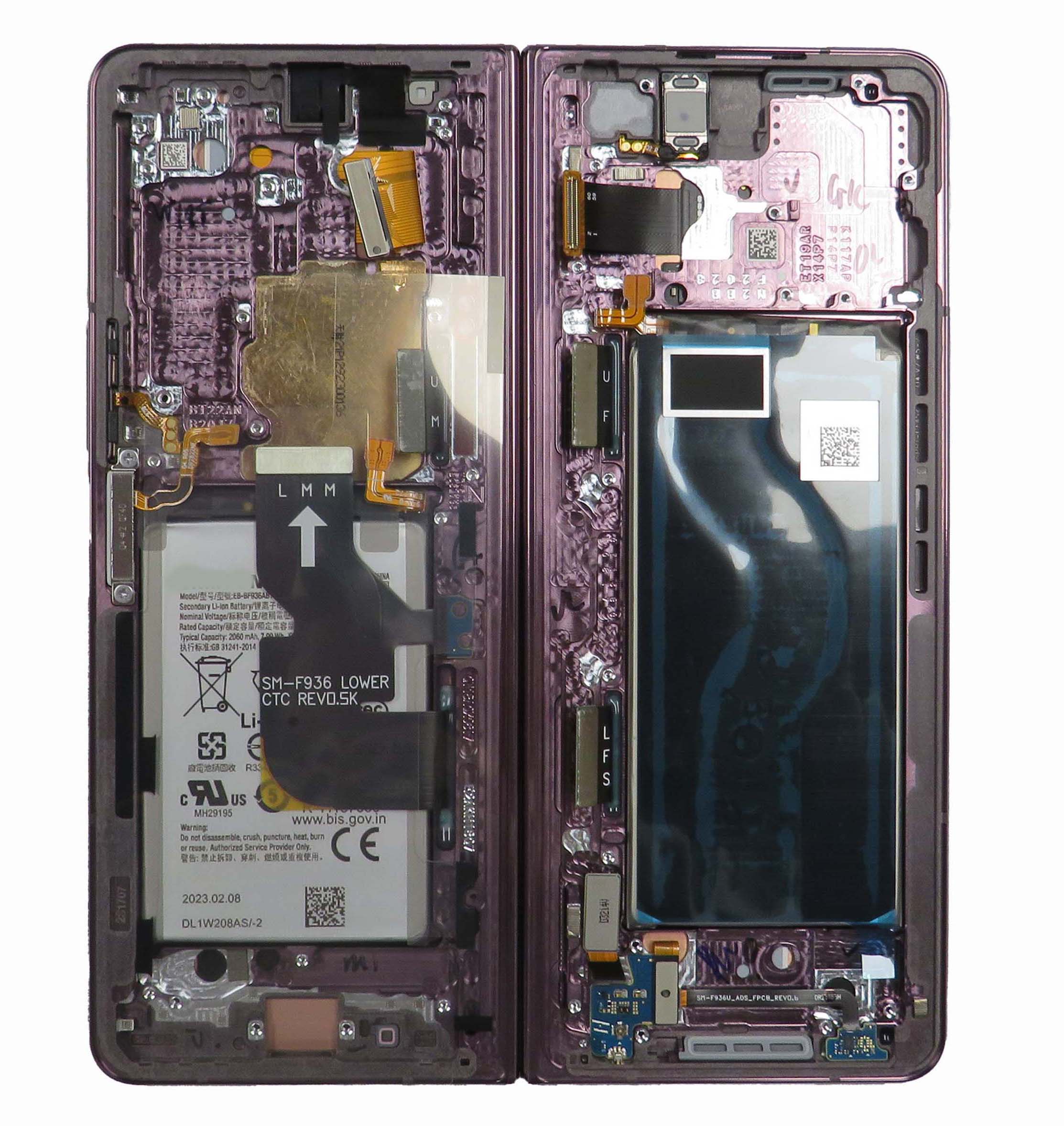 Inner OLED Screen Digitizer Assembly with Frame for Samsung Galaxy Z Fold 4 5G (Service Pack) - Burgundy