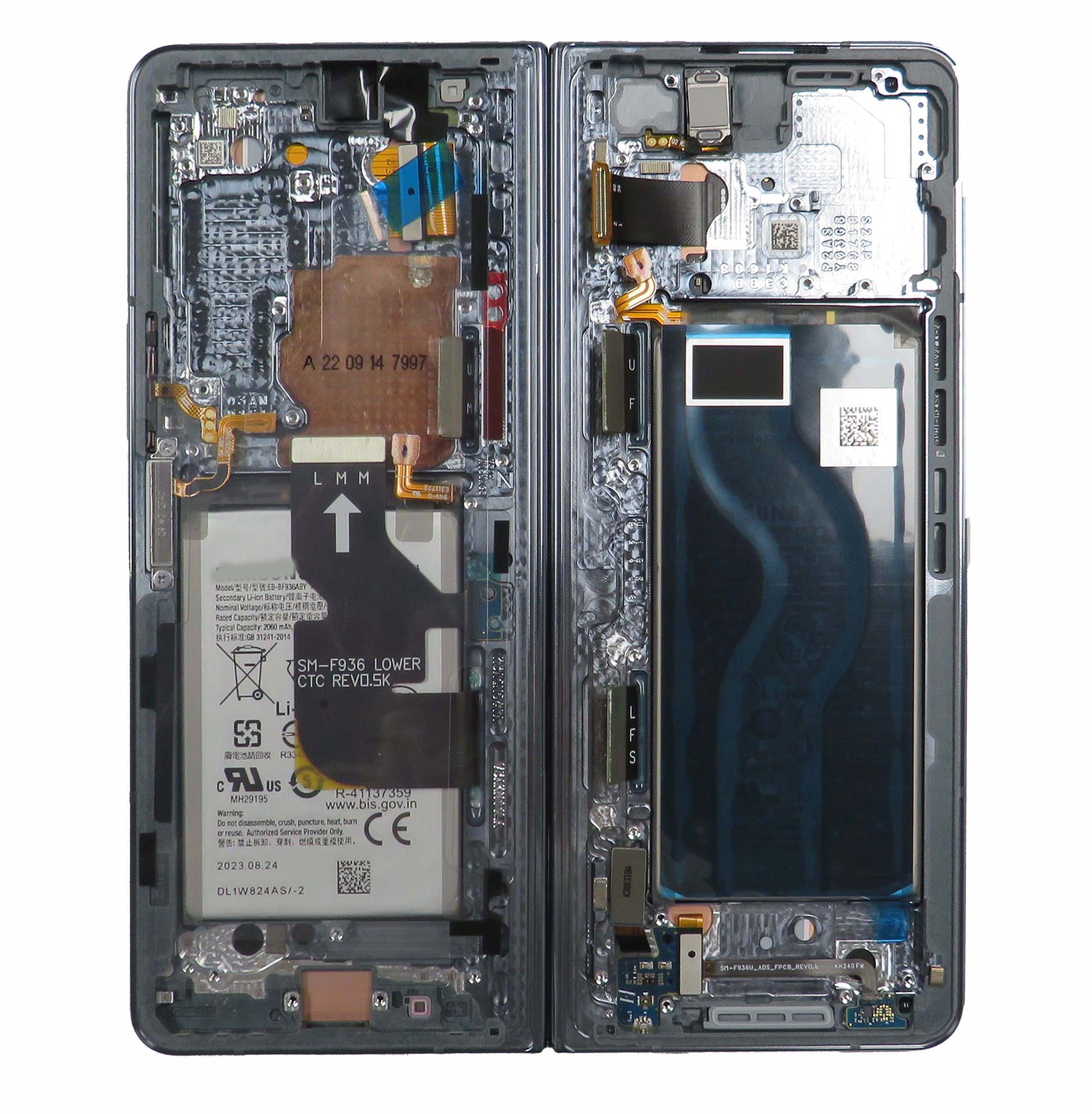 Inner OLED Screen Digitizer Assembly with Frame for Samsung Galaxy Z Fold 4 5G (Service Pack) - Graygreen