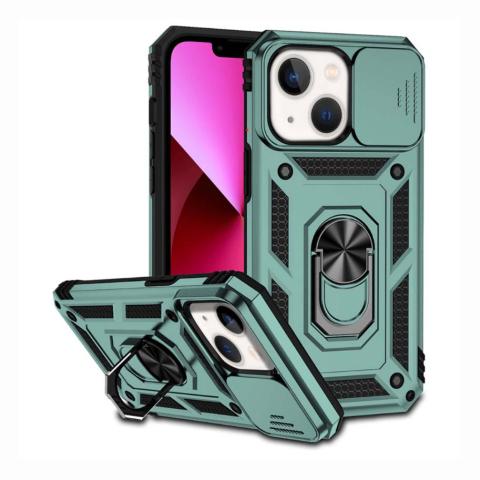 iPhone 14 Plus Dual Layers Hybrid Case w/Metal Ring And Camera Protector - Green (Ground Shipping Only)