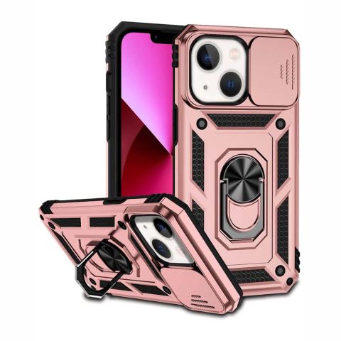 iPhone 14 Plus Dual Layers Hybrid Case w/Metal Ring And Camera Protector - Gold (Ground Shipping Only)