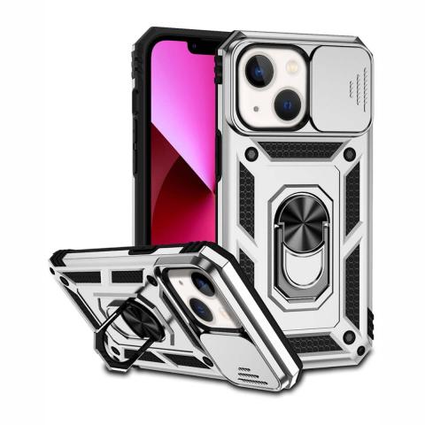 iPhone 14 Plus Dual Layers Hybrid Case w/Metal Ring And Camera Protector - Silver (Ground Shipping Only)