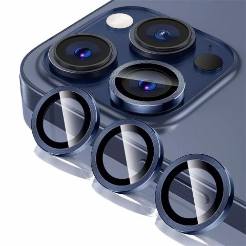 Metal Ring Tempered Glass HD Camera Lens Protector for 15 Pro / 15 Pro Max - Blue Titanium 