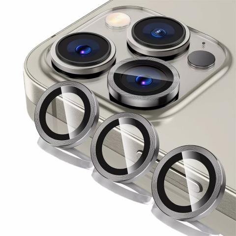 Metal Ring Tempered Glass HD Camera Lens Protector for 15 Pro / 15 Pro Max - Natural Titanium 
