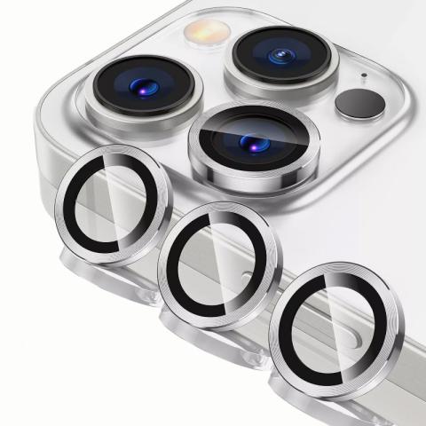 Metal Ring Tempered Glass HD Camera Lens Protector for 15 Pro / 15 Pro Max - White Titanium 