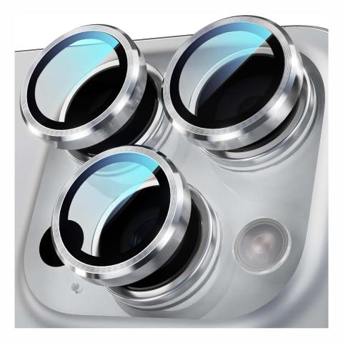 Metal Ring Tempered Glass HD Camera Lens Protector for 16 Pro / 16 Pro Max - White Titanium 