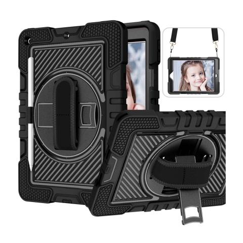 iPad 6 (2018) / iPad 5 (2017) / Air 2 / Air 1 / Pro 9.7 360 Rotating Hand Strap / Kickstand Shockproof Case - Black/Black (Ground Shipping Only)