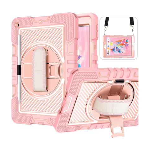 iPad 10.2" 9th (2021) / 8th (2020) / 7th (2019) / Pro 10.5 / Air 3 360 Rotating Hand Strap / Kickstand Shockproof Case - Pink/Pink (Ground Shipping Only)