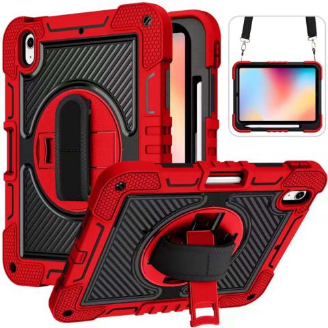 iPad 10th10.9'' (2022) 360 Rotating Hand Strap / Kickstand Shockproof Case - Black/Red (Ground Shipping Only)