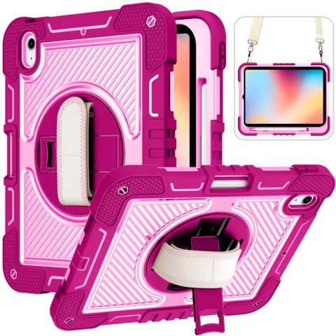 iPad 10th10.9'' (2022) 360 Rotating Hand Strap / Kickstand Shockproof Case - Pink/Hot Pink (Ground Shipping Only)