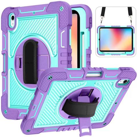 iPad 10th 10.9'' (2022) 360 Rotating Hand Strap / Kickstand Shockproof Case - Teal/Purple (Ground Shipping Only)