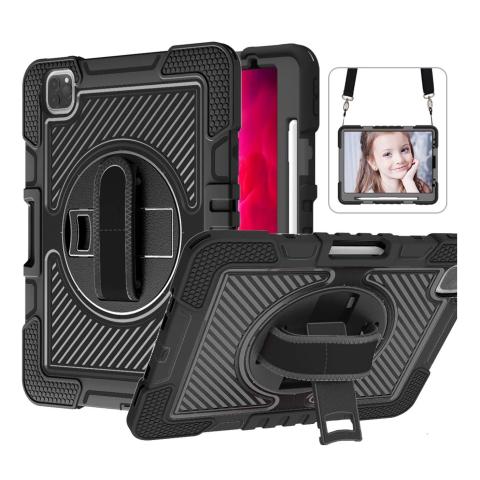iPad Pro 11 4th (2022) / 3rd (2021) / 2nd (2020) / 1st (2018) / Air 5 / Air 4 360 Rotating Hand Strap / Kickstand Shockproof Case - Black/Black (Ground Shipping Only)
