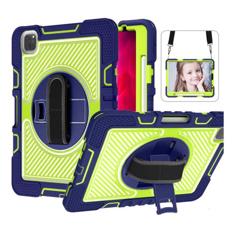 iPad Pro 11 4th (2022) / 3rd (2021) / 2nd (2020) / 1st (2018) / Air 5 / Air 4 360 Rotating Hand Strap / Kickstand Shockproof Case - Green/Blue (Ground Shipping Only)