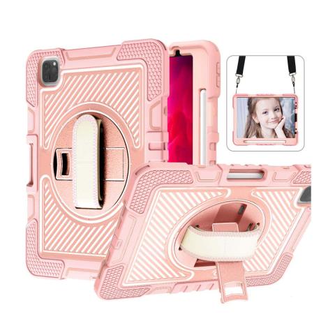 iPad Pro 11 4th (2022) / 3rd (2021) / 2nd (2020) / 1st (2018) / Air 5 / Air 4 360 Rotating Hand Strap / Kickstand Shockproof Case - Pink/Pink (Ground Shipping Only)