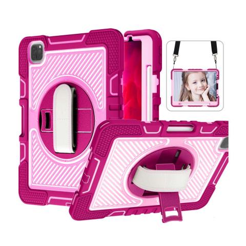 iPad Pro 11 4th (2022) / 3rd (2021) / 2nd (2020) / 1st (2018) / Air 5 / Air 4 360 Rotating Hand Strap / Kickstand Shockproof Case - Pink/Hotpink (Ground Shipping Only)