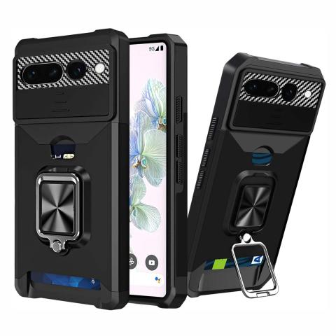 Google Pixel 7 PRO Kickstand Shockproof Case W/ Card Holder - Black/Black (Ground Shipping Only)