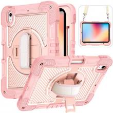 iPad 10th 10.9'' (2022) 360 Rotating Hand Strap / Kickstand Shockproof Case - Pink/Pink (Ground Shipping Only)